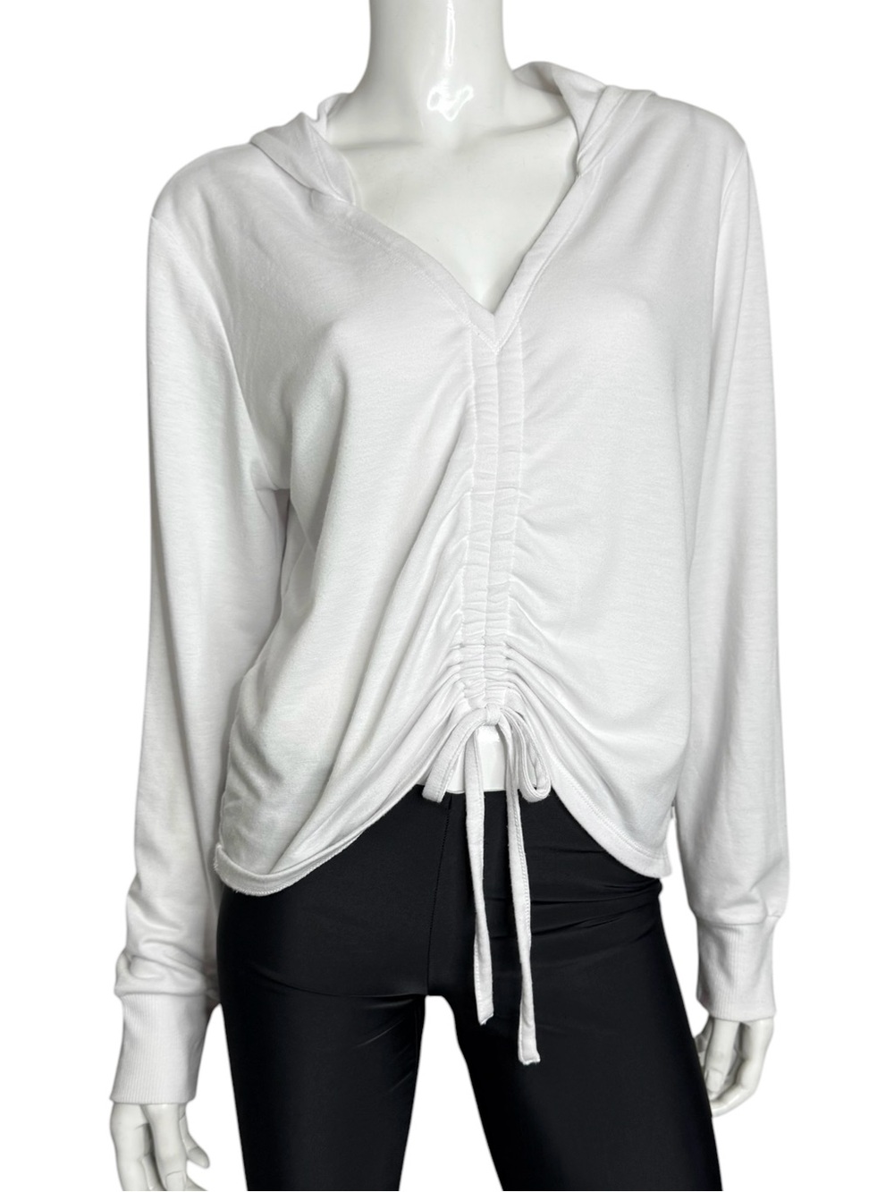 White Ruched Drawstring Hoodie Top